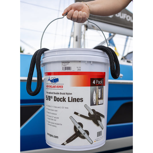 Dockline Bucket - Pre-Spliced 5/8" Double Braid Nylon Docklines, Black; 2 x 15' & 2 x 25'